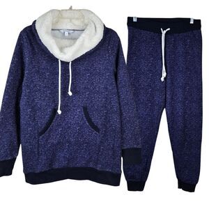 PajamaGram Pajama Set Sz S Sherpa Fleece Cowl Neck Heathered Navy Blue Pants Top